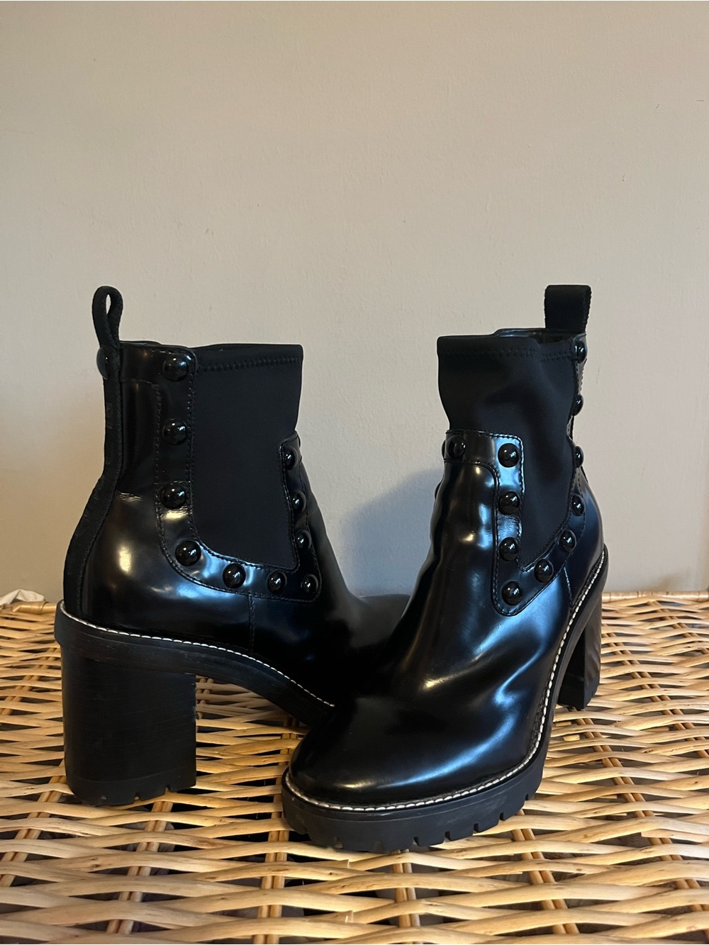 Tory Burch Black Chunky Heel Stud-Trim Chelsea Boots
